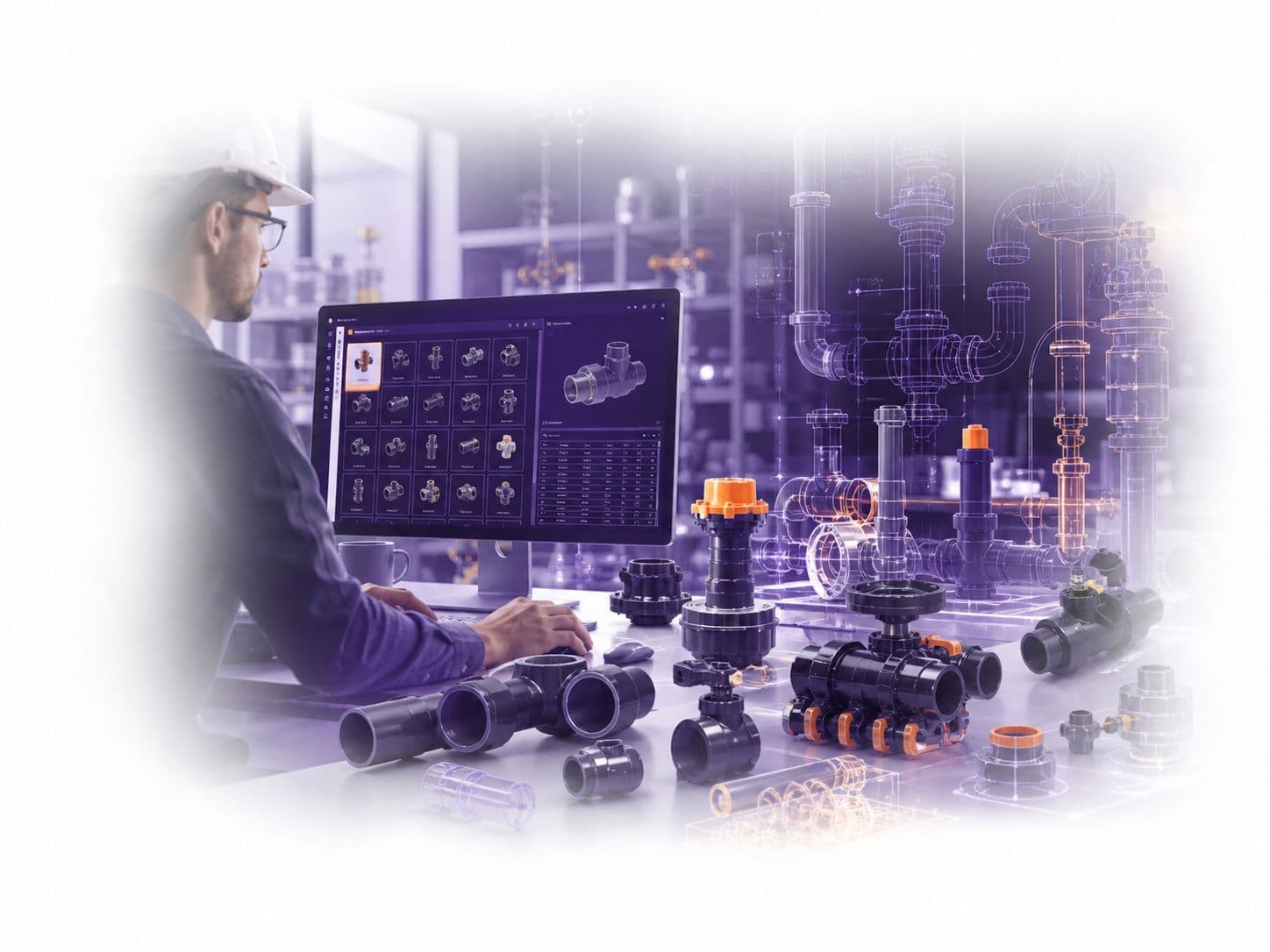 Engineer reviewing a BIM piping library on a workstation