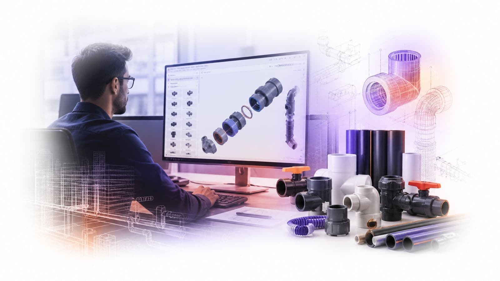 Designer reviewing exploded BIM pipe fitting models with Takween Plast products