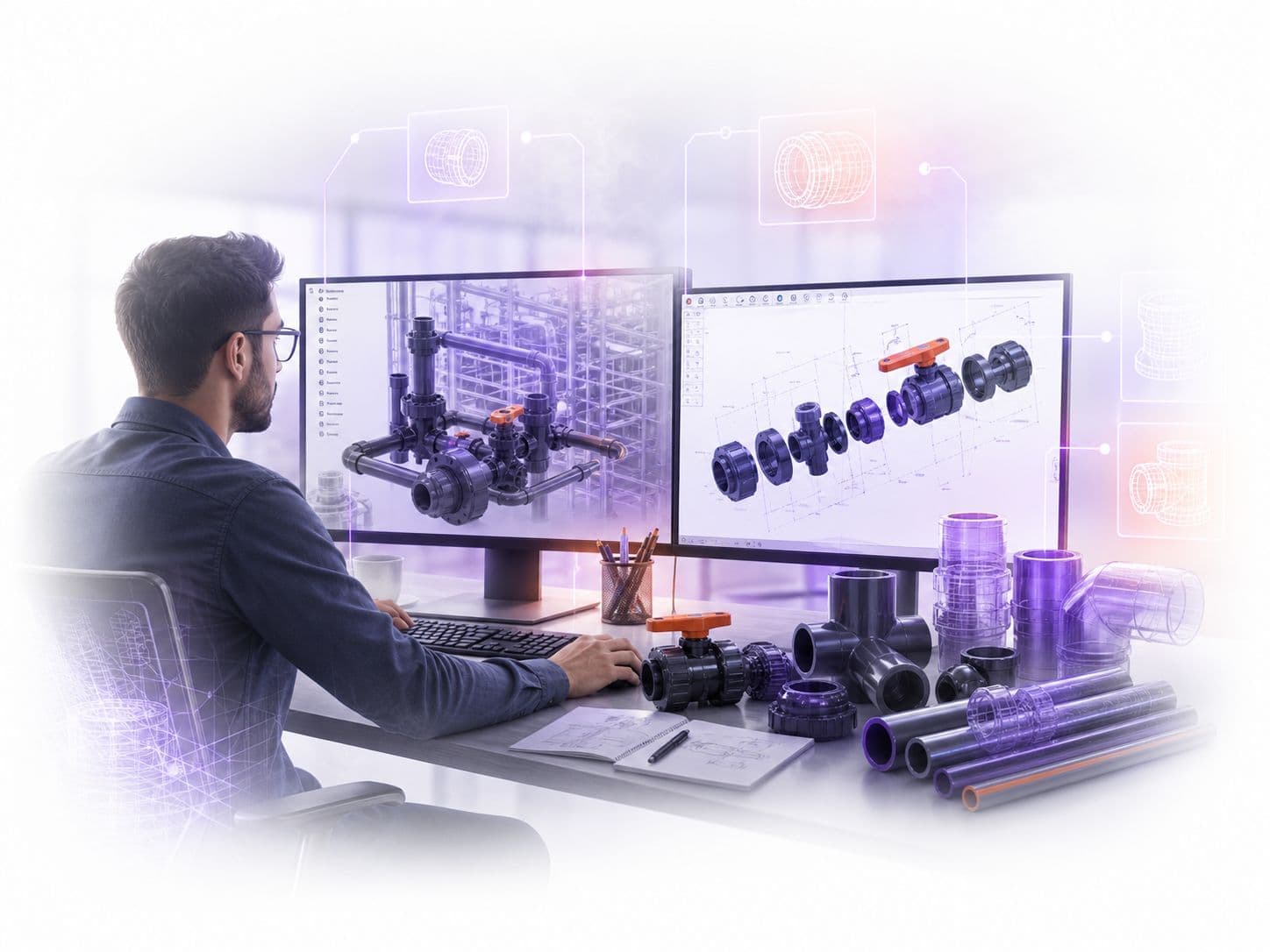 Takween Plast BIM product library with pipe fittings and 3D model wireframes