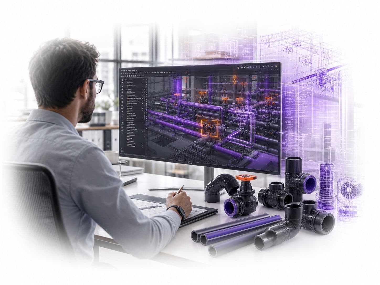 Engineer reviewing a BIM piping library on a workstation