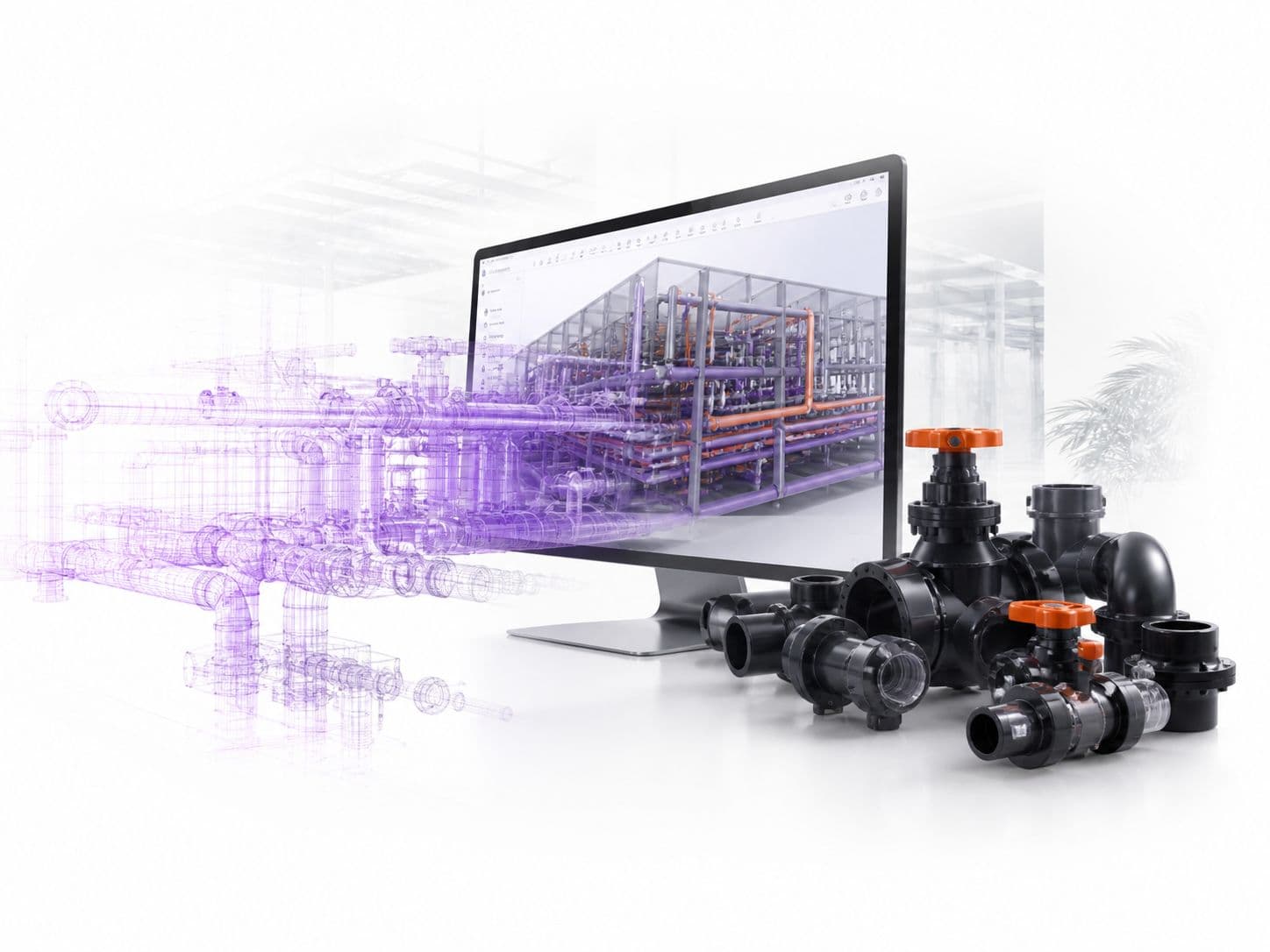 BIM project screen showing coordinated piping systems and product fittings