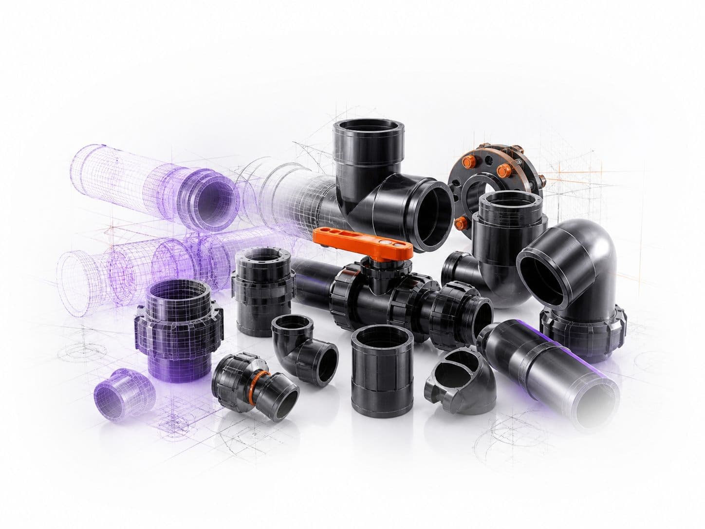 Designer reviewing exploded BIM pipe fitting models with Takween Plast products